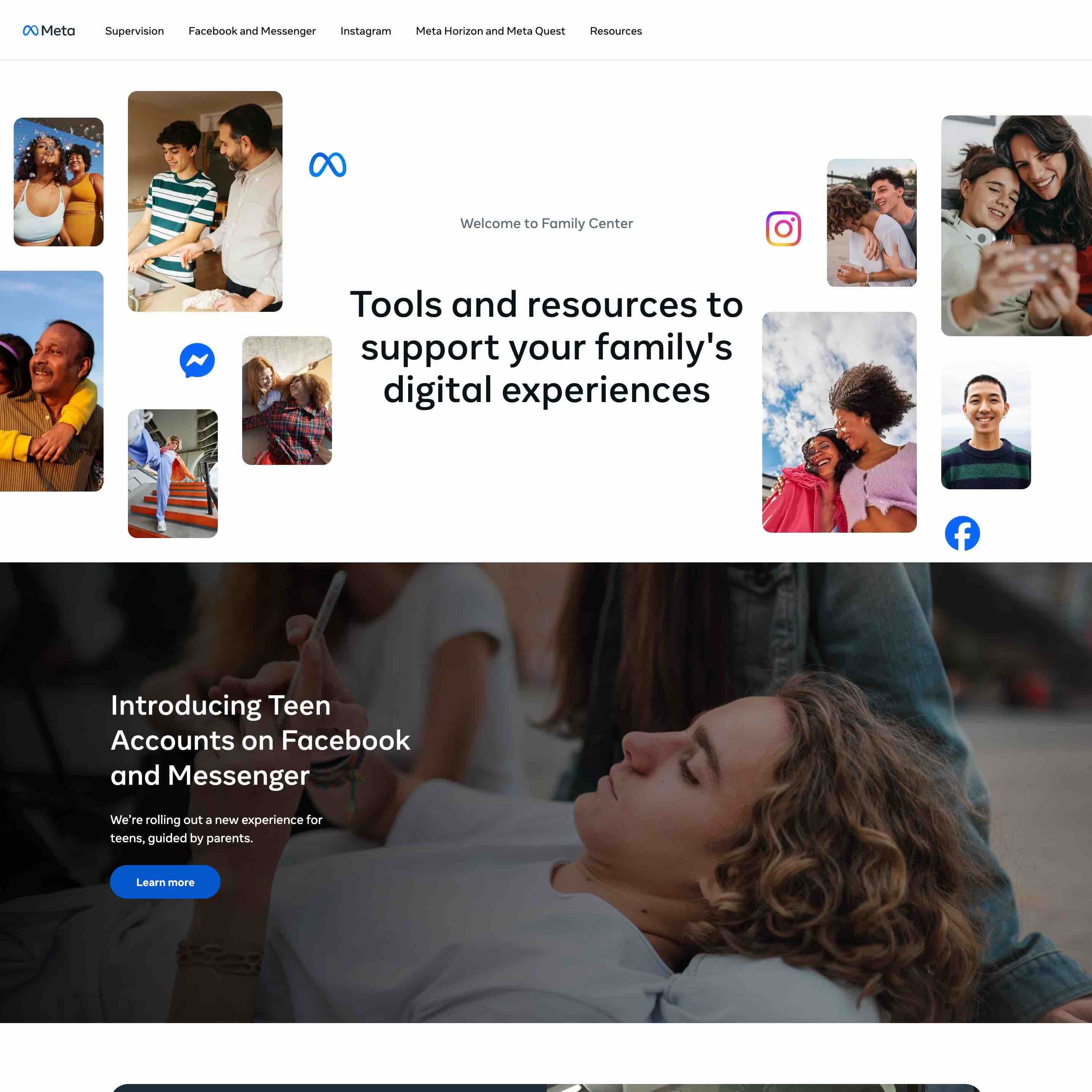 Screenshot of the Meta Family Center homepage with family safety messaging and a Teen Accounts feature banner