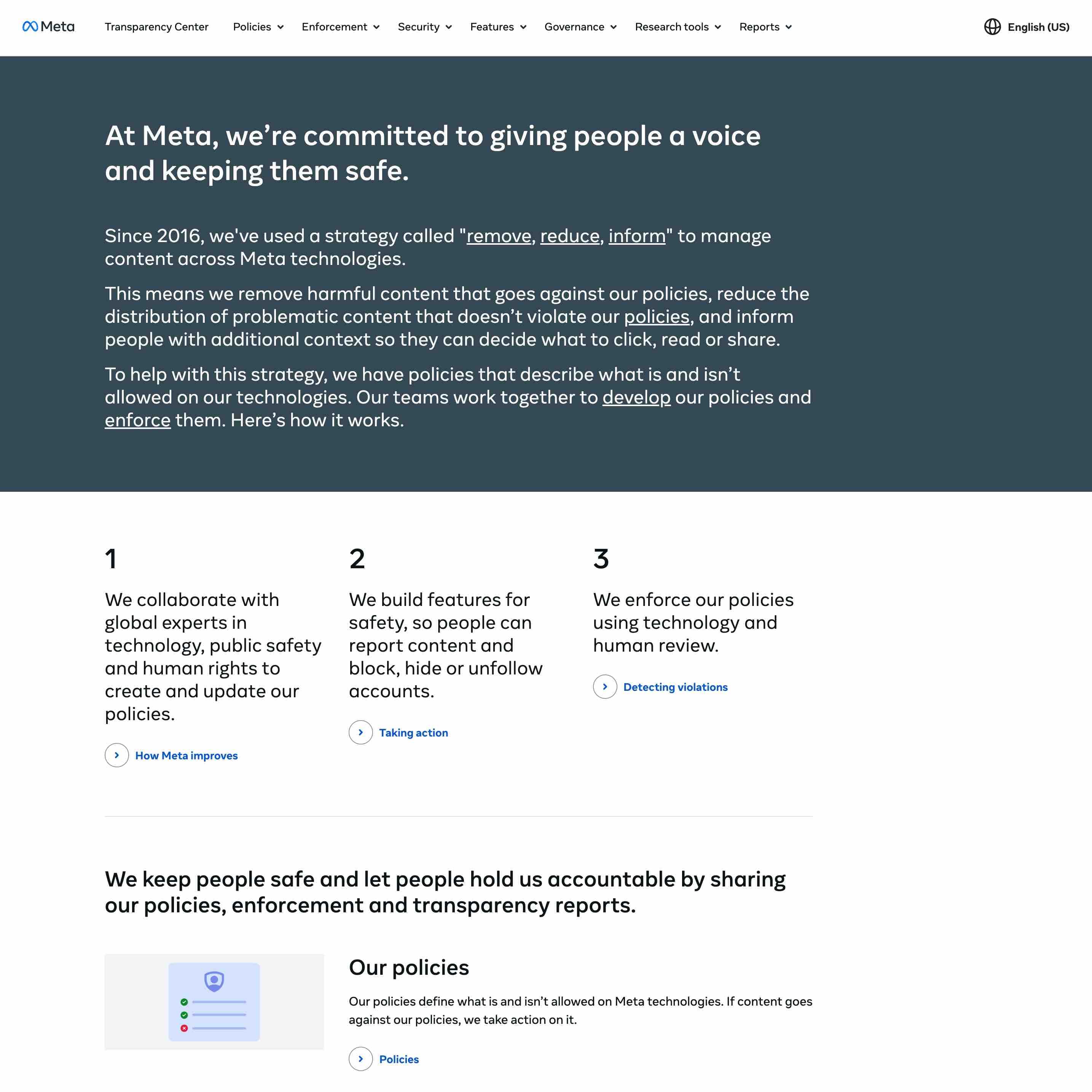 Screenshot of the Meta Transparency Center homepage